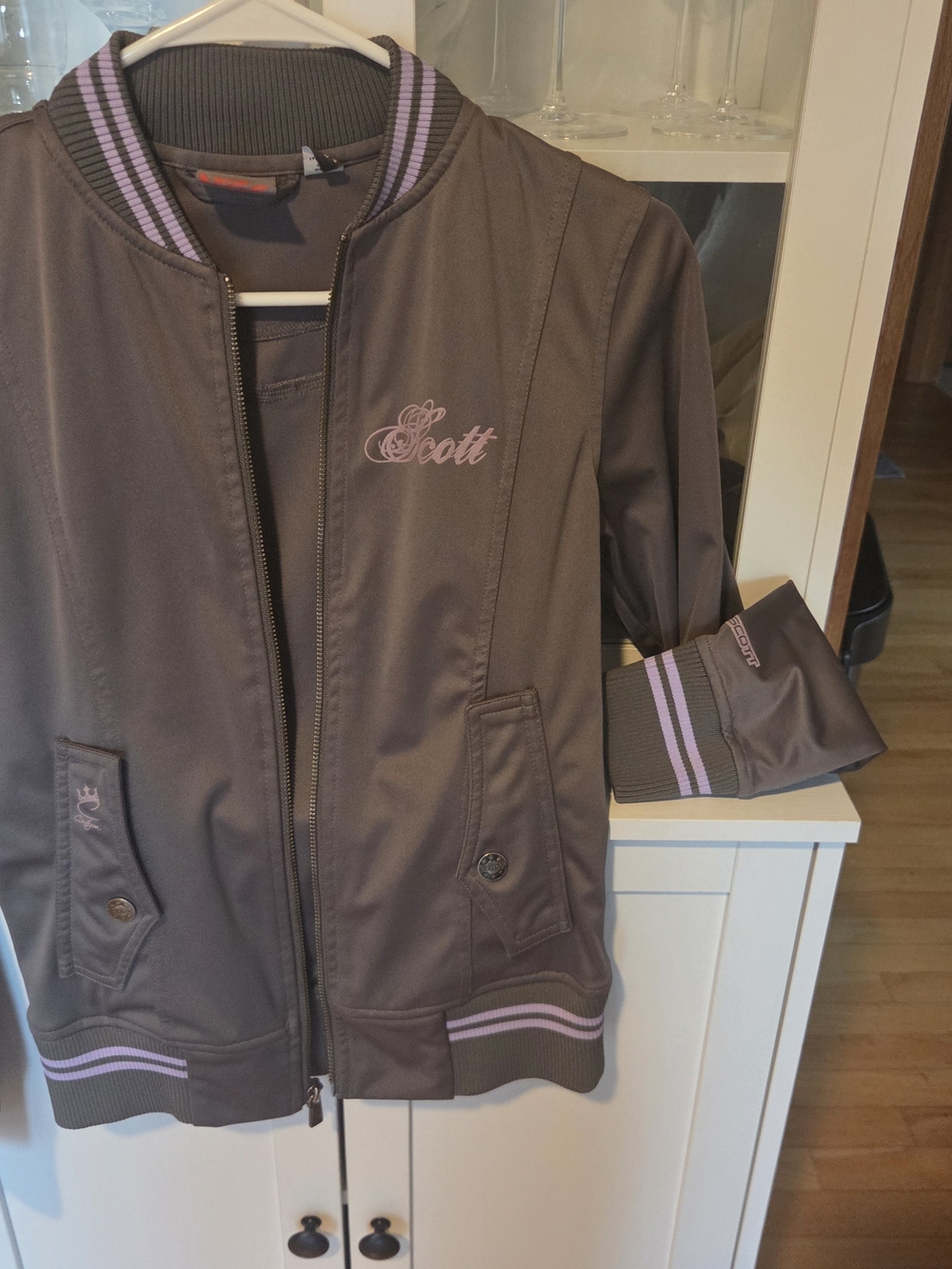 Scott Kids Bomber Jacket in Brown with Lavender Trim